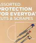 Go To Adhesive Bandages Variety Pack For Minor Cuts Scrapes And Burns text on basketball court background, players in motion