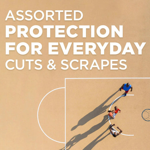 Go To Adhesive Bandages Variety Pack For Minor Cuts Scrapes And Burns text on basketball court background, players in motion