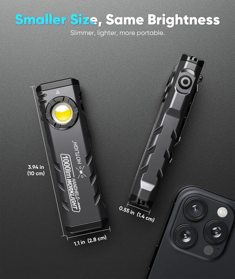 Rugged Rechargeable EDC Flashlight With Turbo Mode, 1000 Lumens LED next to smartphone, showing compact size dimensions