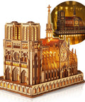 Notre Dame De Paris 3D Wood Puzzle Night Edition With LED Lighting, detailed cathedral model with illuminated LED.