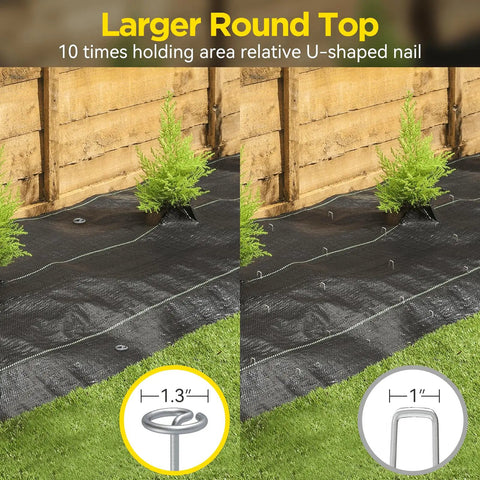 Beefy Thickened 8 Gauge Circle Top Landscape Fabric Stakes, 6 Inch Galvanized Garden Staples That Will Not Bend, Heavy Duty