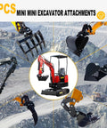 Pro Grade Mini Excavator Attachments Kit With Narrow Bucket Ripper Rake Auger Grapple Quick Hitch Screening Bucket Eight Piece Set For Compact Excavators US Stock Ready To Ship From Local Warehouse showing all eight tools