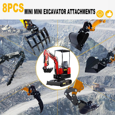Pro Grade Mini Excavator Attachments Kit With Narrow Bucket Ripper Rake Auger Grapple Quick Hitch Screening Bucket Eight Piece Set For Compact Excavators US Stock Ready To Ship From Local Warehouse showing all eight tools