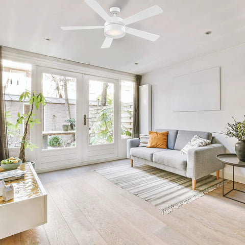 Whitehaven 52 Inch Ceiling Fan With Remote Control 5 Blade Dimmable LED Light Kit 3000K Warm White White Finish in modern living room