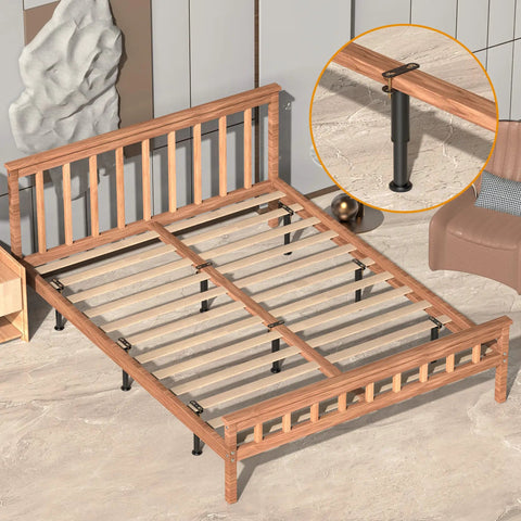 Set Of Four Heavy Duty Metal Bed Support Legs With Adjustable Height From 7 To 13 Inches, installed under wooden bed frame.