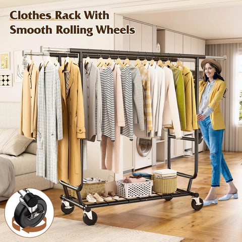 Rock Solid Heavy Duty Clothing Rack Featuring Double Hanging Rods And Commercial Grade Stainless Construction Built Tough For Master Bedroom Or Boutique Display Rooms