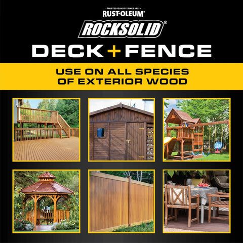 Hardcore Deck And Fence Stain With Gnarly UV Protection Black Walnut Oil Base on various wood surfaces including deck, shed, and fence.