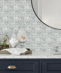 White Tin Peel And Stick Tile Backsplash Kit With Self Adhesive Tiles, 4 Pack Of 10.5 Inch Squares, Victorian pattern in bathroom setting