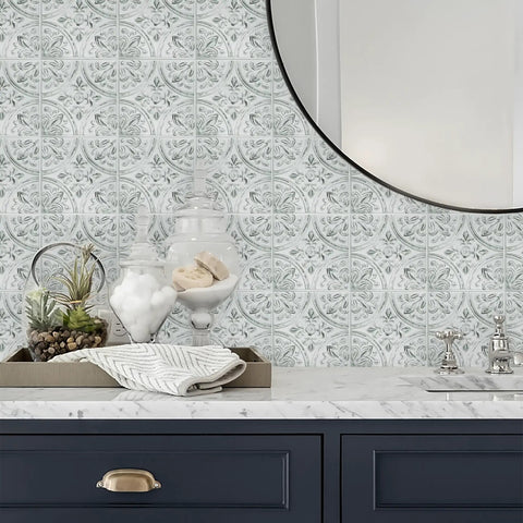 White Tin Peel And Stick Tile Backsplash Kit With Self Adhesive Tiles, 4 Pack Of 10.5 Inch Squares, Victorian pattern in bathroom setting