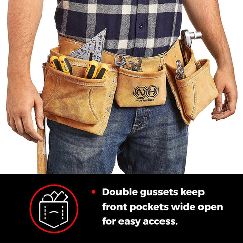Heavy Duty Tool Belt For Men With 12 Pockets Pouch Utility Bag Suede Leather Work Apron For Electricians Carpenters Framers Construction Gear Built Tough And Ready For Any Job displayed on model with tools visible, highlighting double gussets for wide open front pockets.