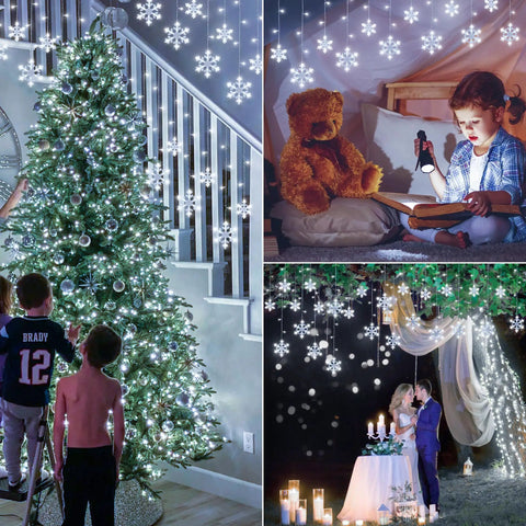 Snowflake Icicle Christmas Lights For Outdoor Decor, 6.5Ft 144LED Curtain String With 12 Drops, in festive settings