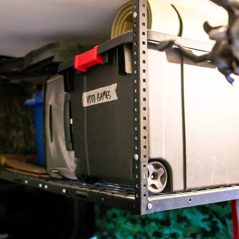 Overhead Garage Storage Rack Ceiling Mounted for Quick Space Saving Organization of Tools Totes and Gear Durable Steel Construction