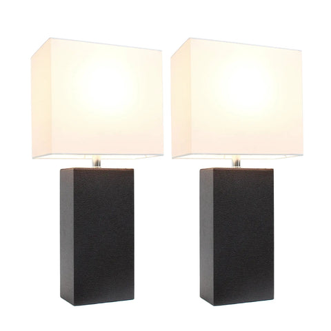 Leather Wrapped Table Lamps Set Of 2 In Gray Finish With White Fabric Shades Modern Style Accent Lighting For Living Room And Bedroom