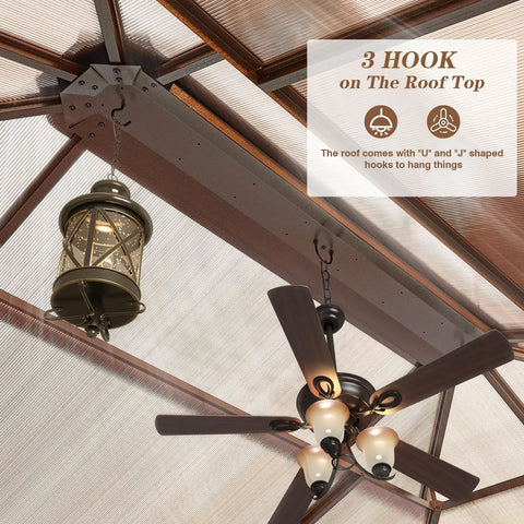 Interior view of 10 Foot By 13 Foot Gazebo With Double Polycarbonate Roof showing ceiling fan and lamp hanging from hooks.