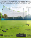 Backstop Net 20 Feet By 10 Feet For Lacrosse And Soccer Backyard Sports Barrier Netting with sand bags and stakes on field