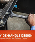 10 Inch Adjustable Wrench With Large Knurl And Hex Jaw in use, chrome finish, reduces hand fatigue, gripping metal beam.