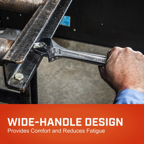 10 Inch Adjustable Wrench With Large Knurl And Hex Jaw in use, chrome finish, reduces hand fatigue, gripping metal beam.