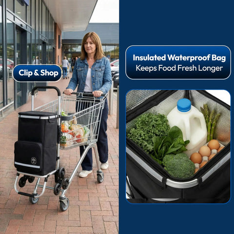 Person using Foldable Stair Climbing Shopping Cart With Wheels For Groceries And Laundry, 3 In 1 Grocery Trolley Backpack And Hand Truck with vegetables inside, highlighted waterproof insulated bag.