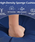 Close-up of high-density blue sponge cushion for Three Piece Outdoor Patio Set With 360 Degree Swivel Rocking Chairs And Rattan Side Table
