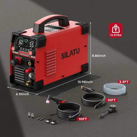Plasma Cutter STC550P 55 Amp Pilot Arc Dual Voltage 110 And 220V With LED Display and accessories on gray background.