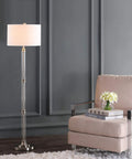60 Inch Polished Nickel And Clear Glass Floor Lamp With White Linen Round Shade, Transitional Iron Standing Light For Your Living Room