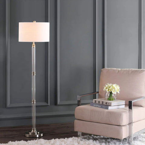 60 Inch Polished Nickel And Clear Glass Floor Lamp With White Linen Round Shade, Transitional Iron Standing Light For Your Living Room