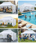Collage of 10x20 Pop Up Canopy With 6 Sidewalls Waterproof Pro Grade Outdoor Gazebo in various settings including gardens and events.