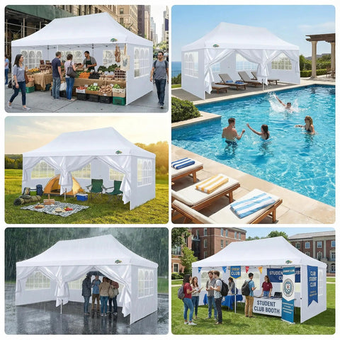Collage of 10x20 Pop Up Canopy With 6 Sidewalls Waterproof Pro Grade Outdoor Gazebo in various settings including gardens and events.