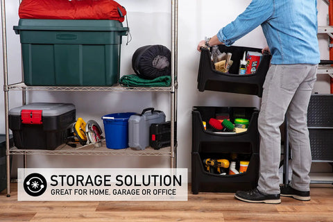 Jumbo Stackable Storage Bins Pack Of 3 With Large Easy Grip Handles And Wide Front Opening For Quick Access Interlocking And Vertical Stacking Heavy Duty Rust And Water Resistant Black