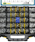 1800 Piece Hardware Set With Stainless Steel Nuts Bolts Washers And Screws In A Double Sided Yellow Organizer Box Includes Phillips Pan Head And Flat Head Screws And SAE Size Variants For DIY Projects