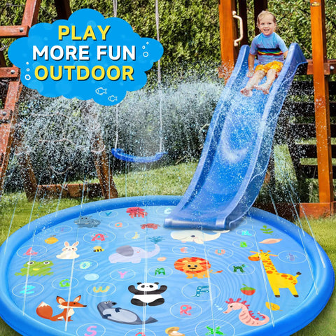 Epic 69 Inch Non Slip Splash Pad For Toddlers 1 To 3 With Learning Mat Water Play Backyard Pool Toy shown with slide in garden.