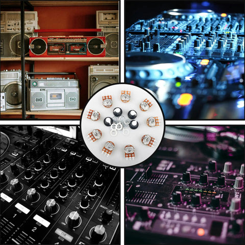 Collage featuring Must Have Potentiometer Kit 45 Piece Set With 1K 5K 10K 20K 50K 100K 250K 500K 1M Ohm and audio equipment