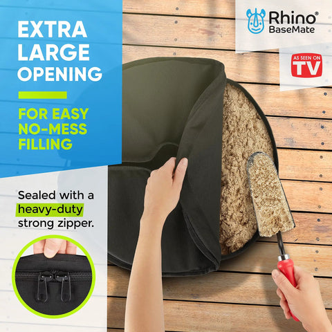 Heavy Duty 18 Inch Round Umbrella Base Weight With Side Slot Opening, showing sand being filled for stability, black color.