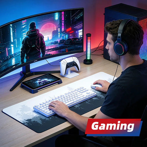 Forest Pattern Extended Gaming Mouse Pad Large Desk Mat Ultra Wide 31.5 X 11.8 Inches with Non Slip Neoprene Backing shown on desk