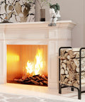 Detachable Round Tube Firewood Rack Log Holder For Indoor And Outdoor Fireplaces next to a lit indoor fireplace with neatly stacked logs