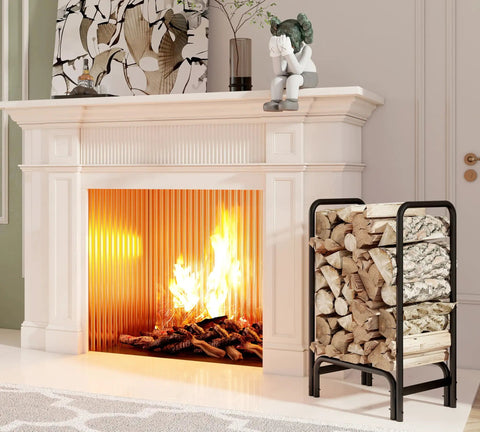 Detachable Round Tube Firewood Rack Log Holder For Indoor And Outdoor Fireplaces next to a lit indoor fireplace with neatly stacked logs
