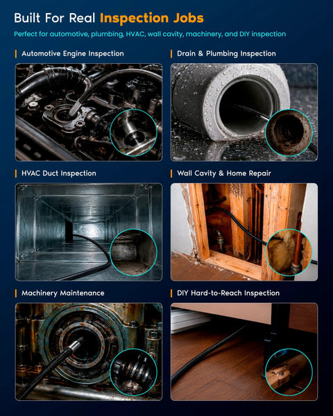 Articulating Borescope Camera With Light For Tight Spaces 6.2mm probe inspecting engine, plumbing, HVAC, wall cavities, machinery
