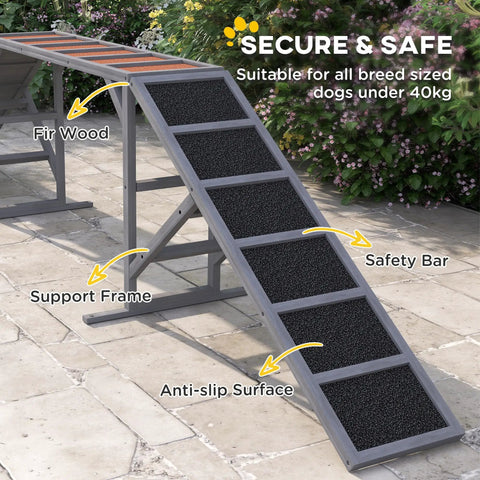 Wooden Dog Agility Ramp With Safety Bar And Non Slip Surface for Backyard Park Training, dual color on a gentle slope.