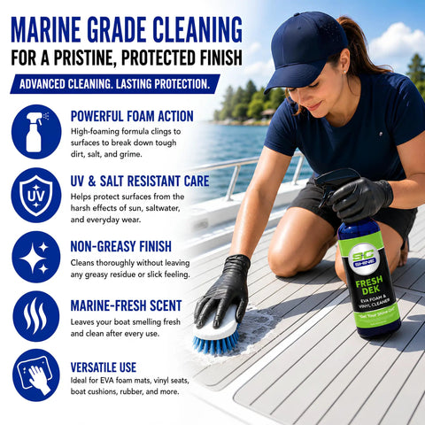 EVA Foam Cleaner For Marine Decks And Non Slip Floors, Heavy Duty Boat Cleaning Spray, woman scrubbing boat deck, clear sky
