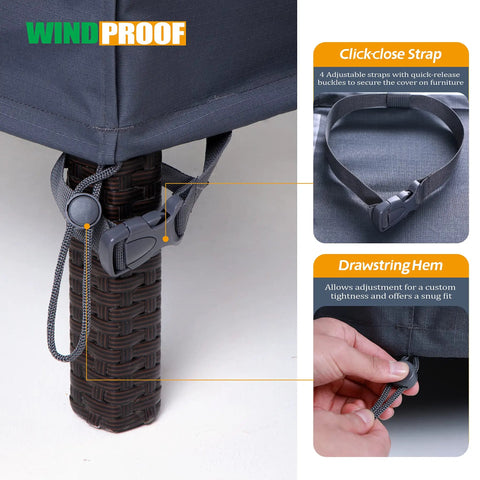 Close-up of Heavy Duty Waterproof Rectangular Patio Table Cover 86 by 44 by 27.5 Inches, showing windproof straps and hem.