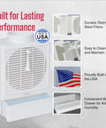 Must Have Indoor Dryer Lint Trap Filter With Stainless Steel Screen And Water Drawer System next to USA flag and product features.