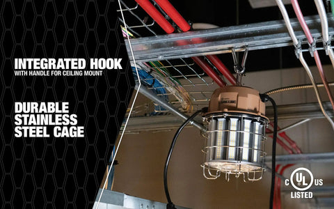 13,000 Lumen LED Overhead Work Light With Ceiling Mount Hook, 150W 120V, Stainless Steel Cage for work sites showing integrated hook.