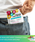 Side view of Amazon Personal First Aid Kit mini in jeans pocket; white package with colorful medical icons.