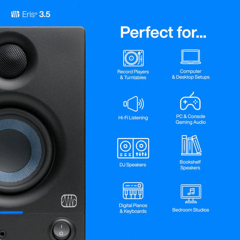 Close-up of Eris 3.5 Studio Monitor with icons for desktop setups, HiFi listening, gaming audio, and more.