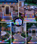 Collage of Outdoor 200 LED Solar Rope Lights, 66ft IP65 Waterproof Trampoline and Garden Decor in various garden settings