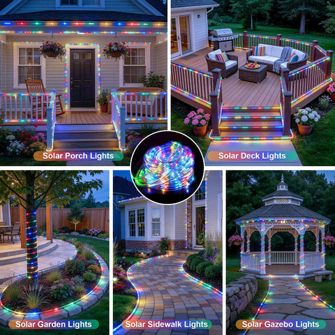 Collage of Outdoor 200 LED Solar Rope Lights, 66ft IP65 Waterproof Trampoline and Garden Decor in various garden settings