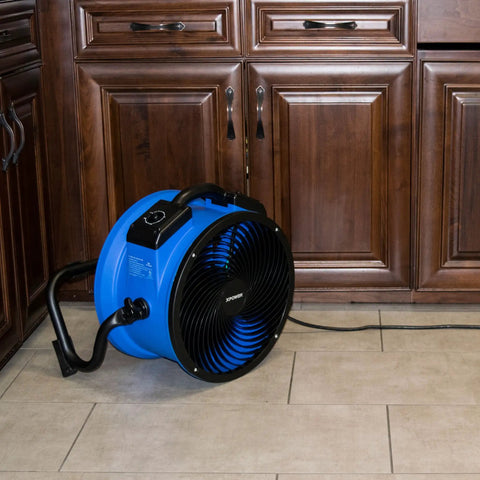 Heavy Duty Industrial Workhorse High Velocity Whole Room Air Mover And Circulator Fan 14 Inch 2100 CFM placed on kitchen floor