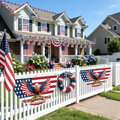 Two Pack 250th Anniversary USA Bunting Flag 4x2 Feet Patriotic Eagle Banner For Fourth Of July And Memorial Day 1776 2026 Design displayed on a fence