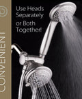 High Pressure 2 In 1 Handheld And Rain Shower Head System With 24 Full And Combined Settings, water flowing, stainless steel design.