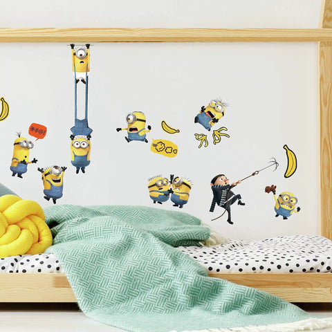 Minions The Rise Of Gru Peel And Stick Vinyl Wall Decals Set Of 30 on kids' room wall above bed with blankets